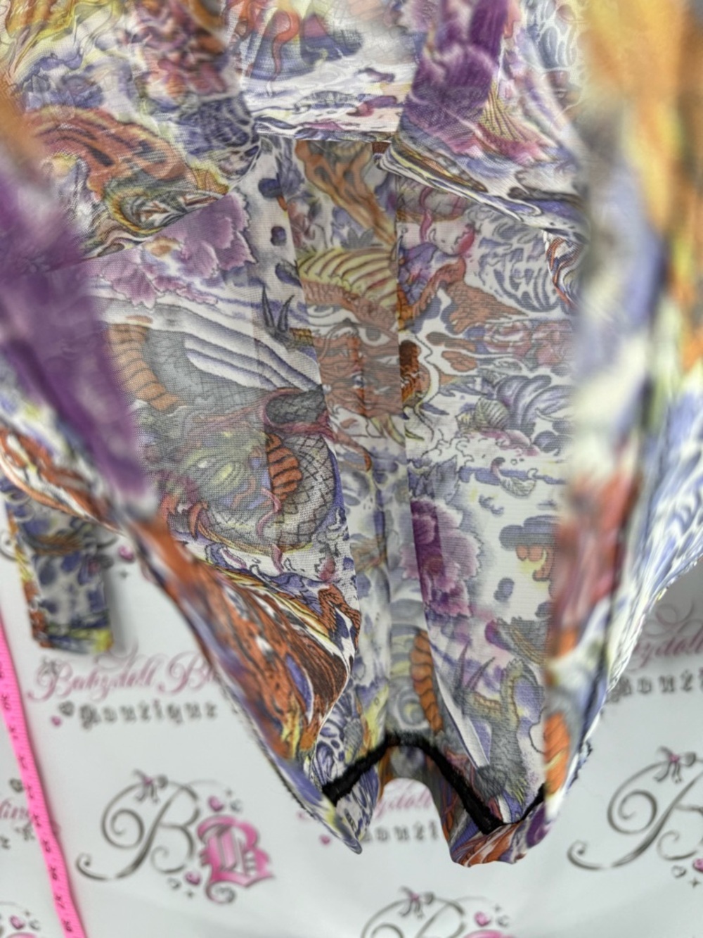 Long Sleeve mesh Floral & Dragon Print tattoo style Top - Purple, Orange, Green - Picture 9 of 12